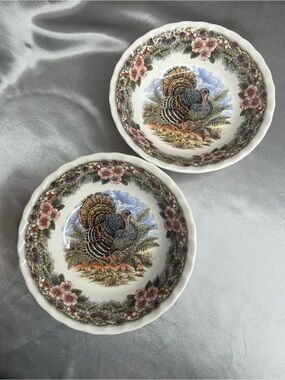 Queen's Myott Factory Thanksgiving Turkey Soup Cereal Bowls 6.5" Set of 2